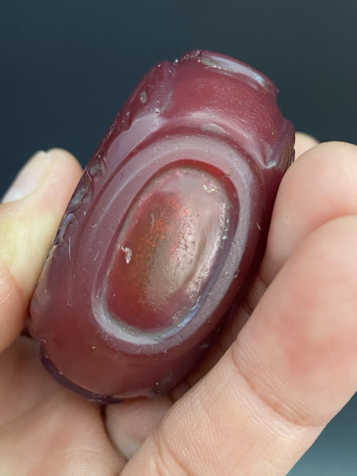 Antique Chinese Ruby Red Peking Glass Steling Silver Top Carved Snuff Bottle