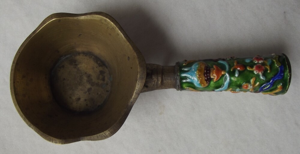 AUTHENTIC ANTIQUE CHINESE BRONZE & ENAMEL DRAGON SILK PAN IRON