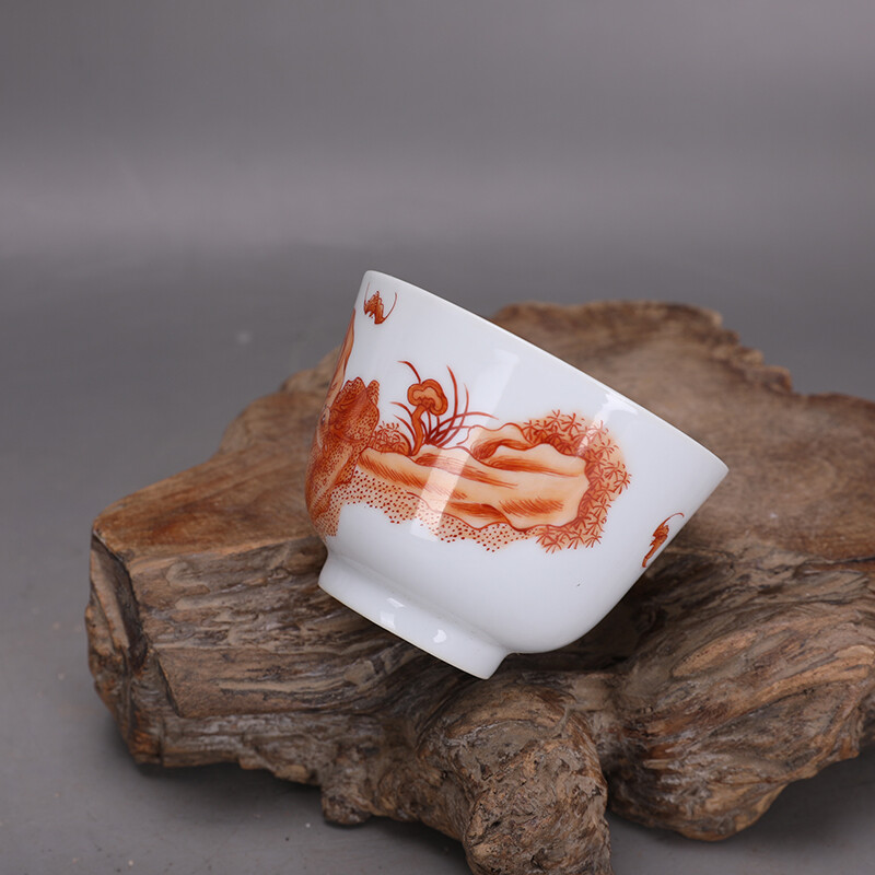 3.6″ Collect China Qing Porcelain Alum Red Longevity God Deer/Bat Cup ‘玩玉’