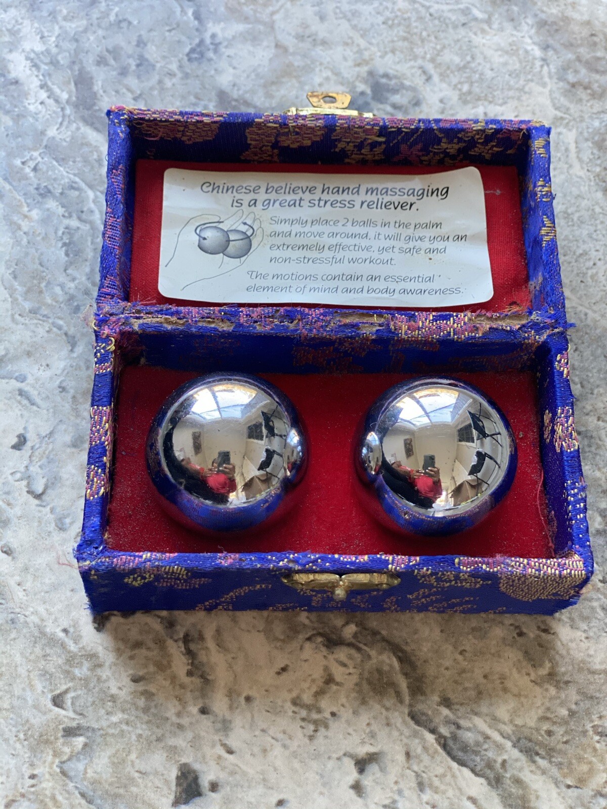 Vintage Chinese Shou Xing Iron Balls & Box Stress Relaxing Collectible