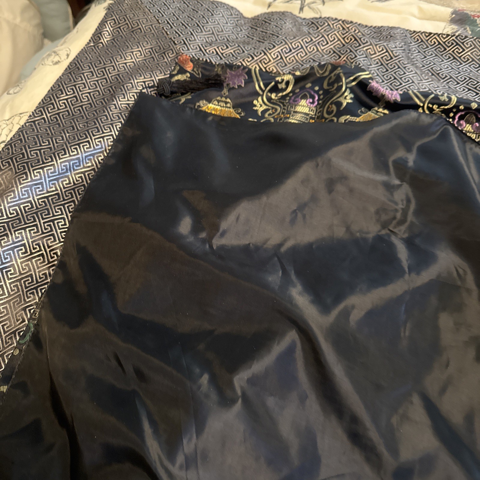 Vintage Chinese Silk Brocade Tablecloth/ Bed Cover Koi Fish Black Gold 74×54.4