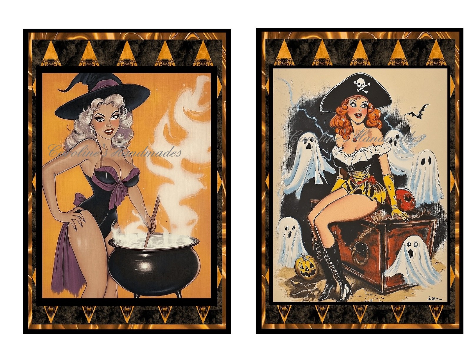 Retro Halloween Pin-ups A MULTI-SIZE SET Cotton Fabric Quilt Blocks