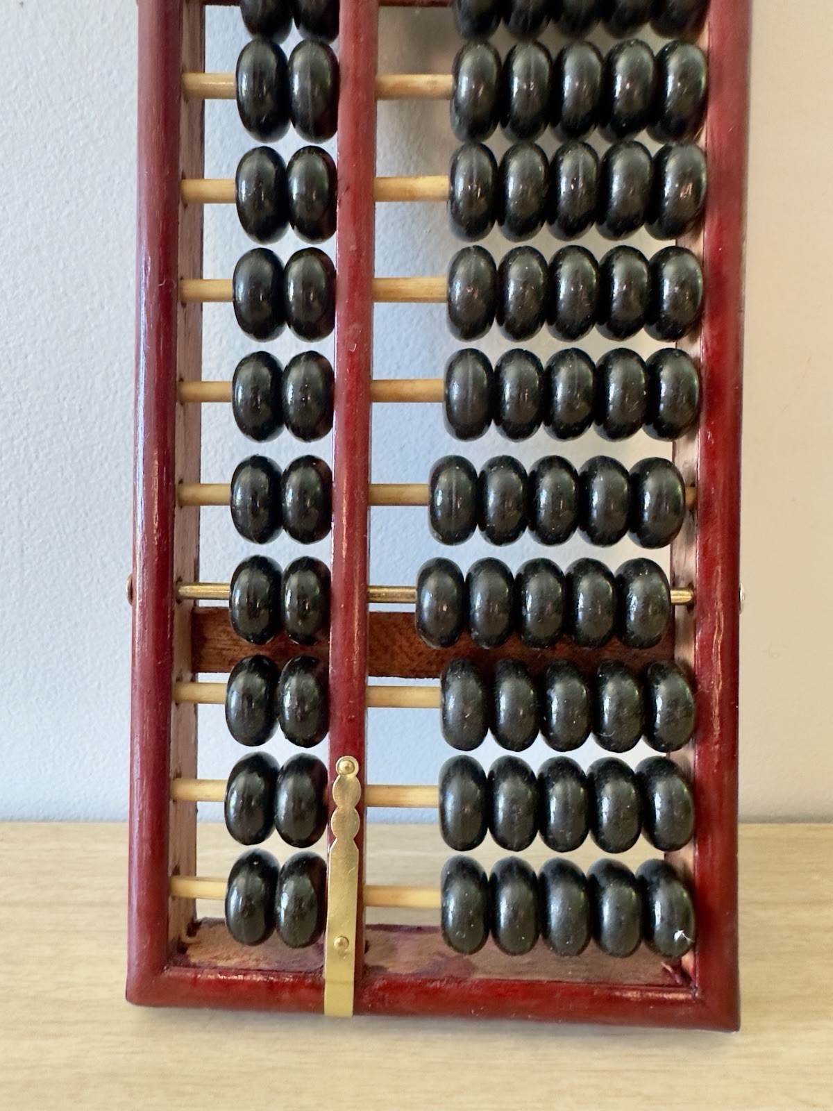Vintage Wooden Abacus Black Beads Brass Hardware Mid Century MCM Decor 11.5in