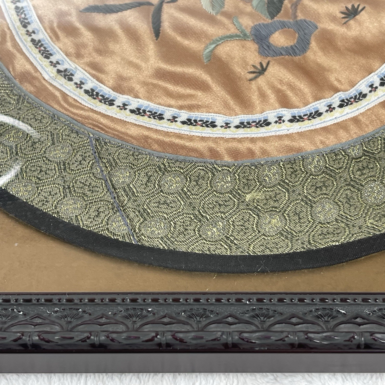 Vintage Chinese Silk Embroidery Art 10.5” Round Floral & Butterfly in 13” Frame