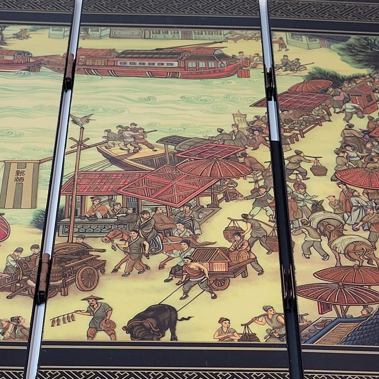 Asian Tabletop Folding Screen 4 Panels 2 Sided Festival Scene Acrylic 9.5×18″