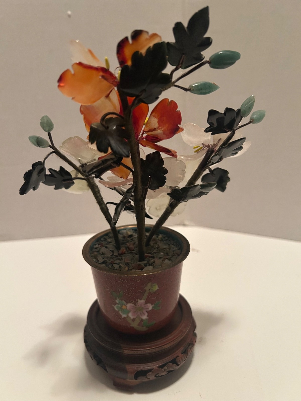 Vtg Chinese Jade Glass Leaves Multi-Color Flowers Bonsai Tree Green Celadon Mini