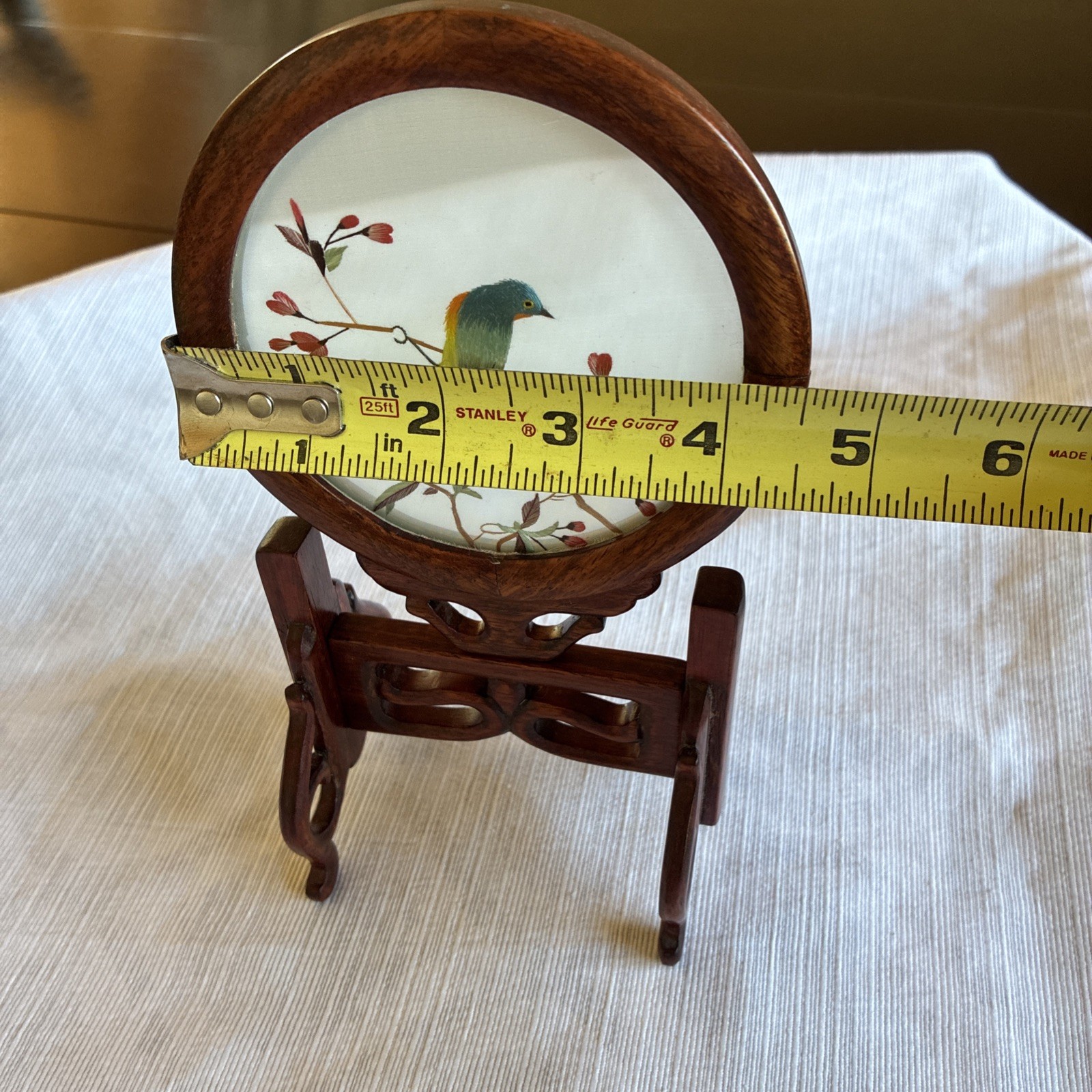 VNTG Chinese Silk Double Sided Embroidery Songbird Round Table Screen Wood/4.5”