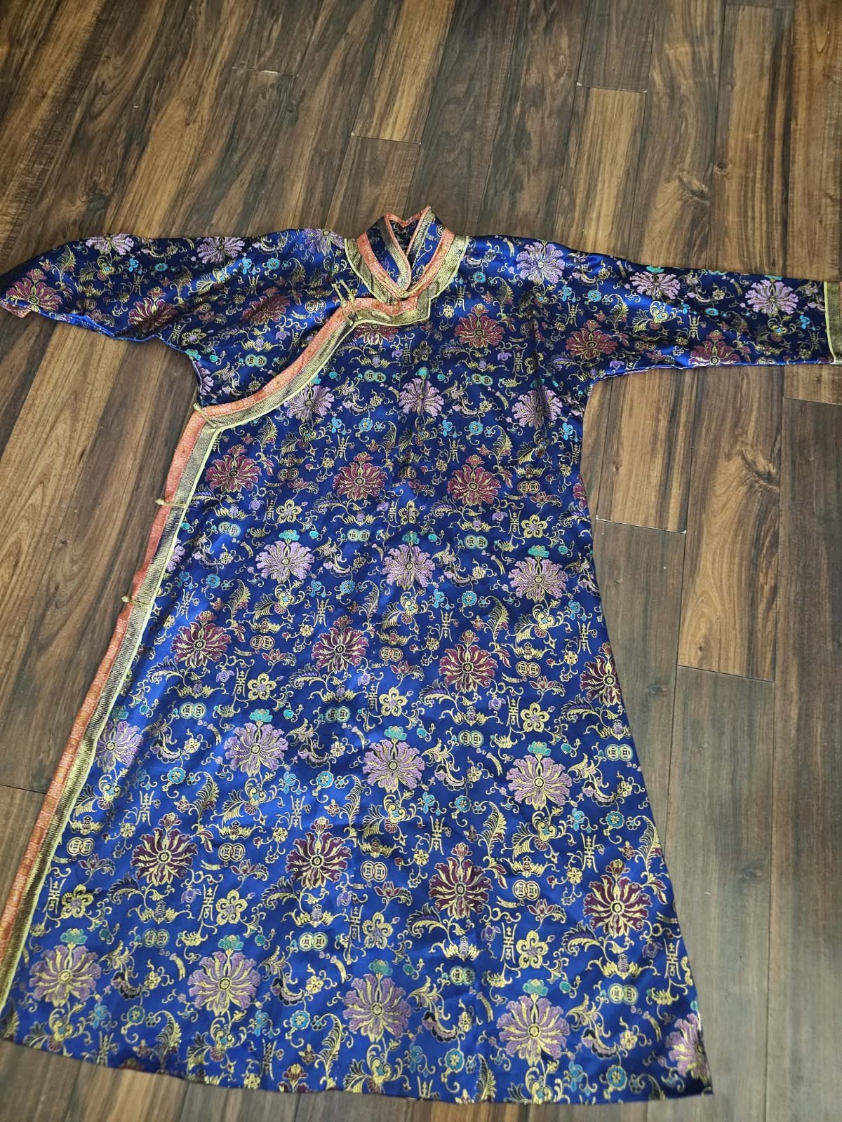 Chinese Qing Dynasty? Embroidered Silk Floral Robe Metallic Trim Reproduction?