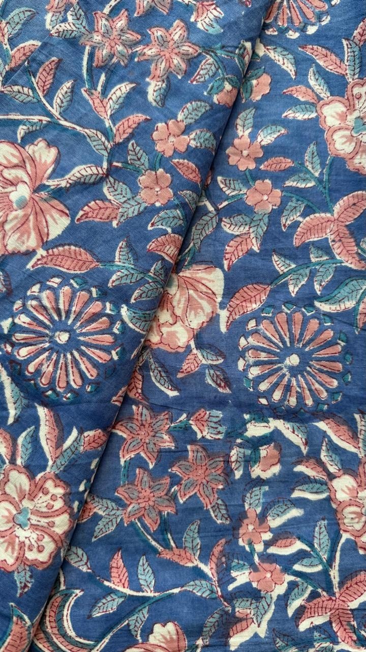Indigo Blue Indian Floral Hand Block Print By Yard Craft,Apparel,Home Decor