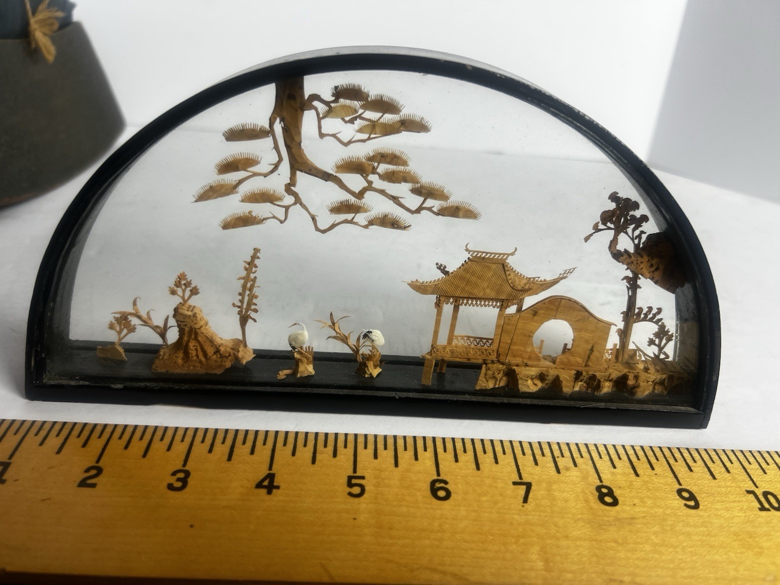 Chinese hand-carved cork diorama sculpture housed in a black wood and glass