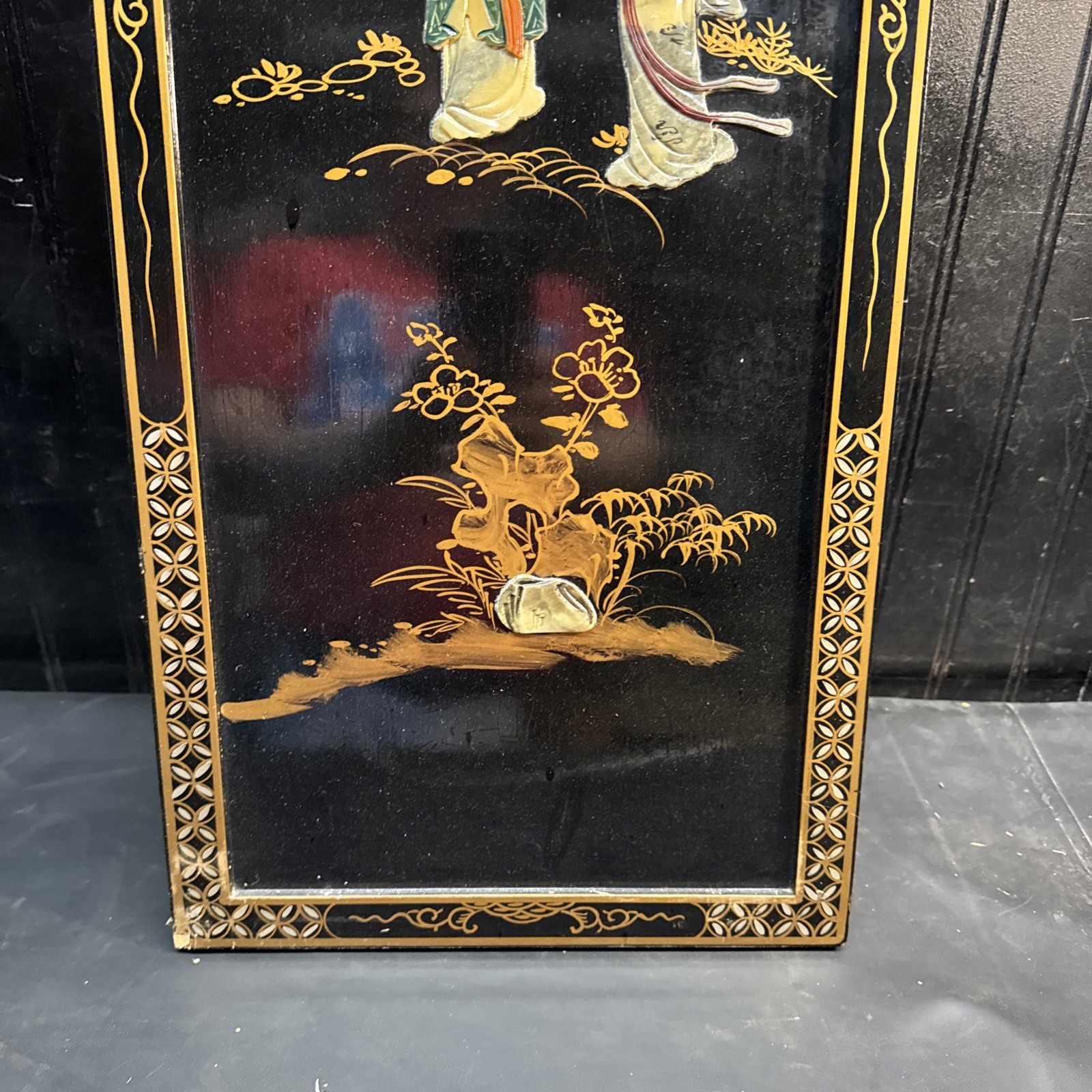 MCM Black Lacquer Geisha Japanese Mother Of Pearl Wall Art Panel Floral 36”X12′