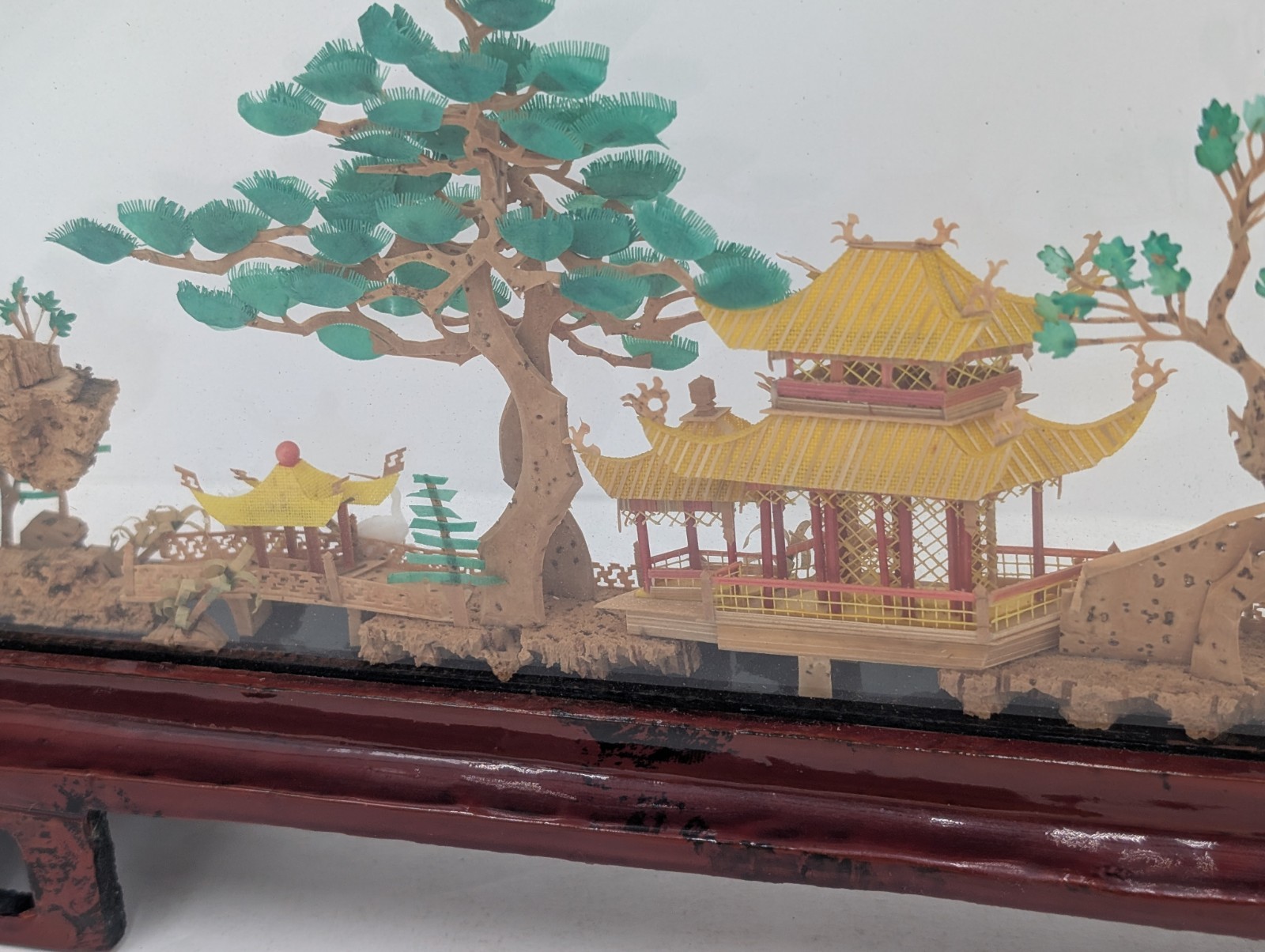 Vintage Oval Chinese/Asian Cork Art Hand Made Lacquered Wood With Glass 14x7x2