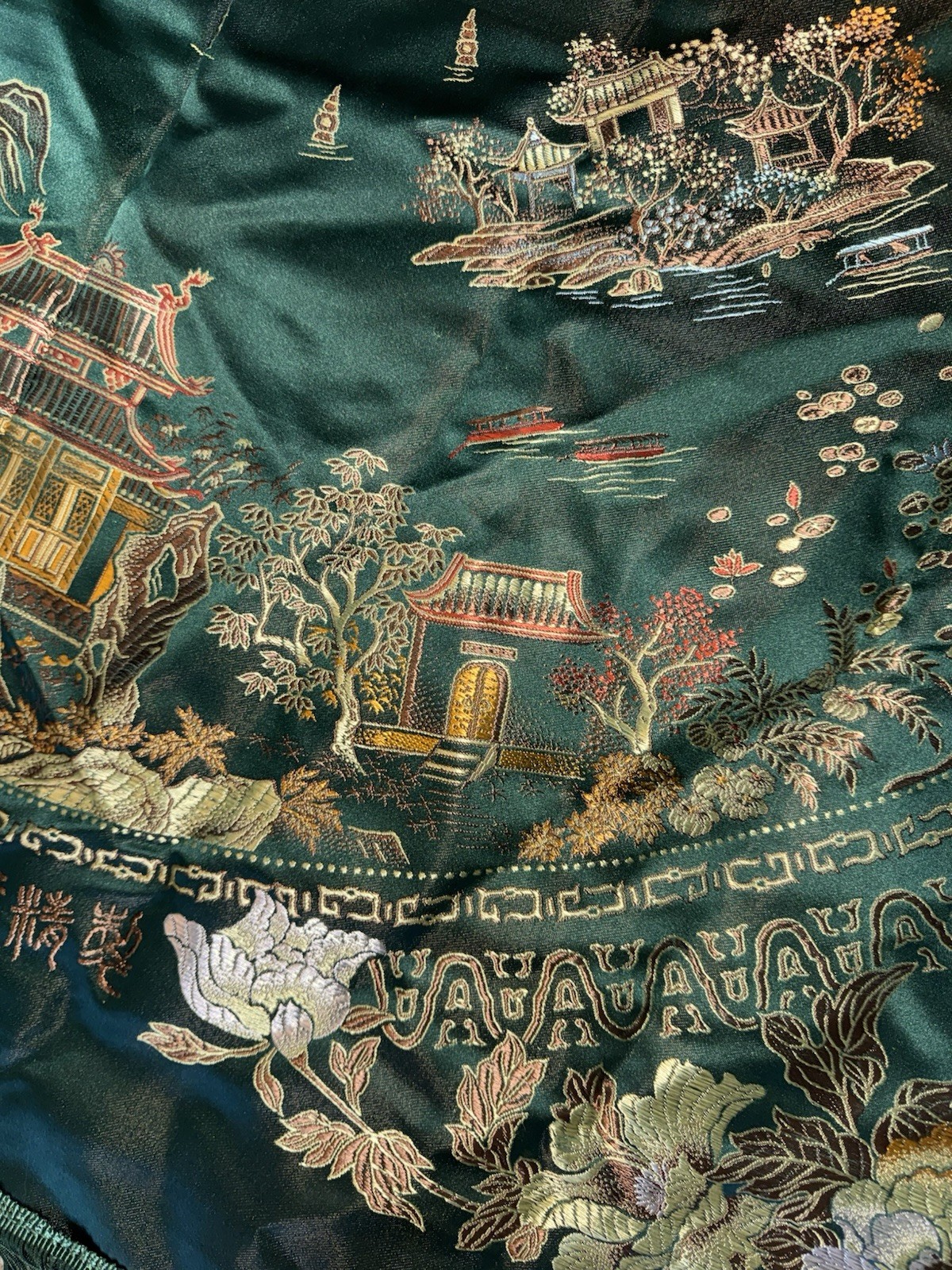 VTG Hangzhou Chinese Silk Brocade Piano Scarf Dragon Phoenix Tablecloth 48”