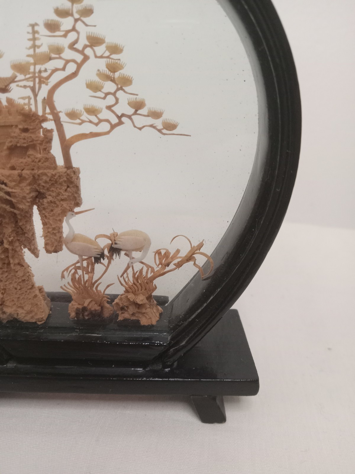 Vintage Hand Carved Cork Asian Diorama Black Lacquer Display 3.25″ Cranes 1960s