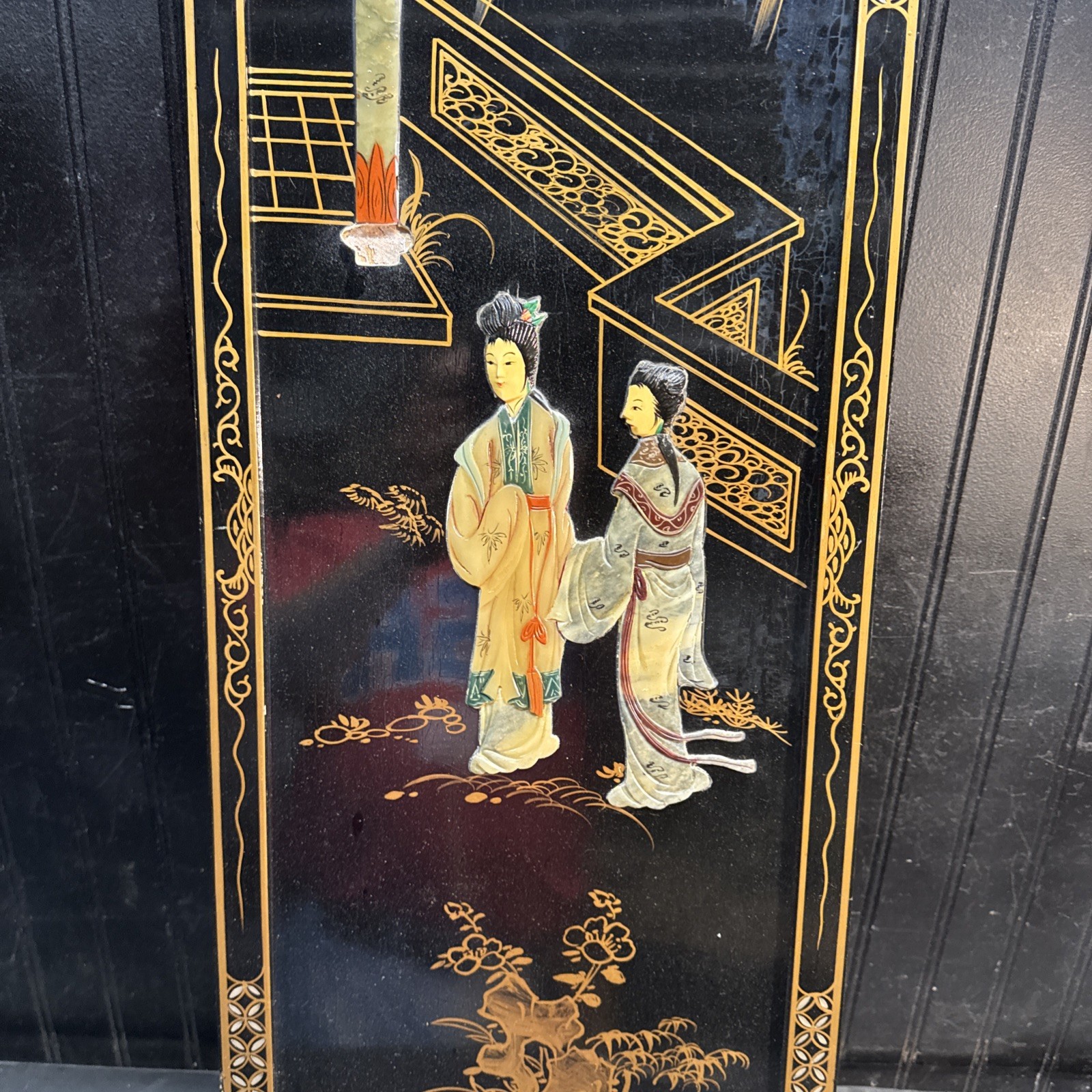 MCM Black Lacquer Geisha Japanese Mother Of Pearl Wall Art Panel Floral 36”X12′
