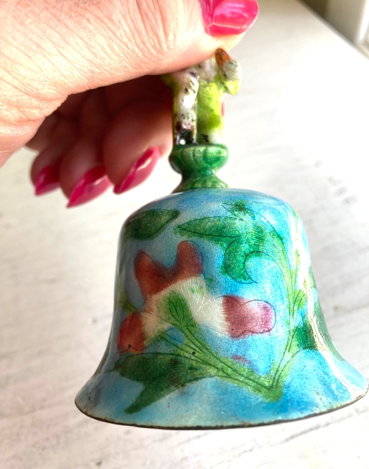 Enamelled Metal Chinese Bell Immortal Figure on Top Floral Blue Green Pink 4 in