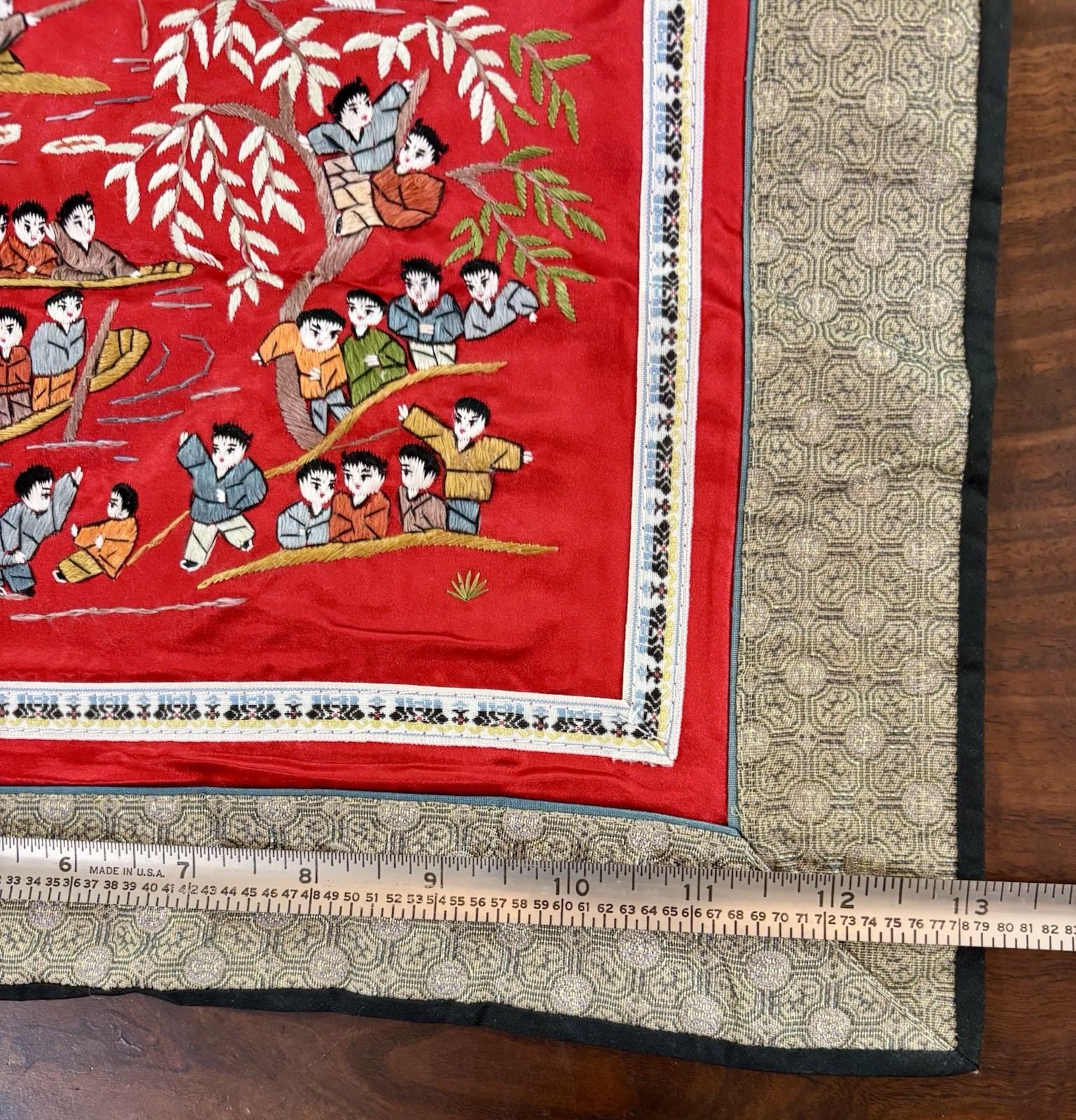 VTG Chinese Embroidered Red Silk Tapestry Children Dragon Boat Fishing Hanging
