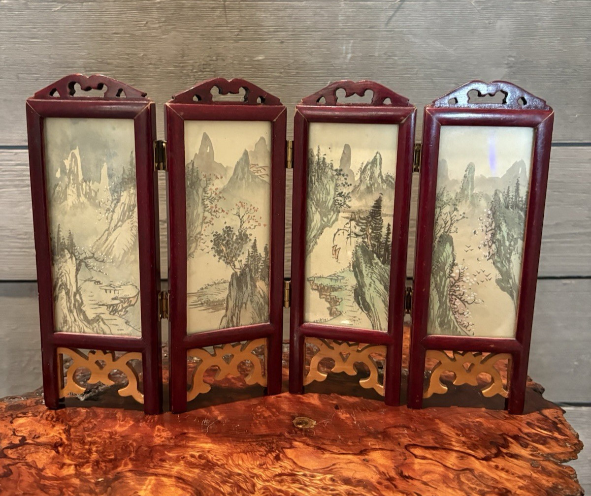 Vintage Chinese Oriental Mini Small Four Panel Table Screen Used