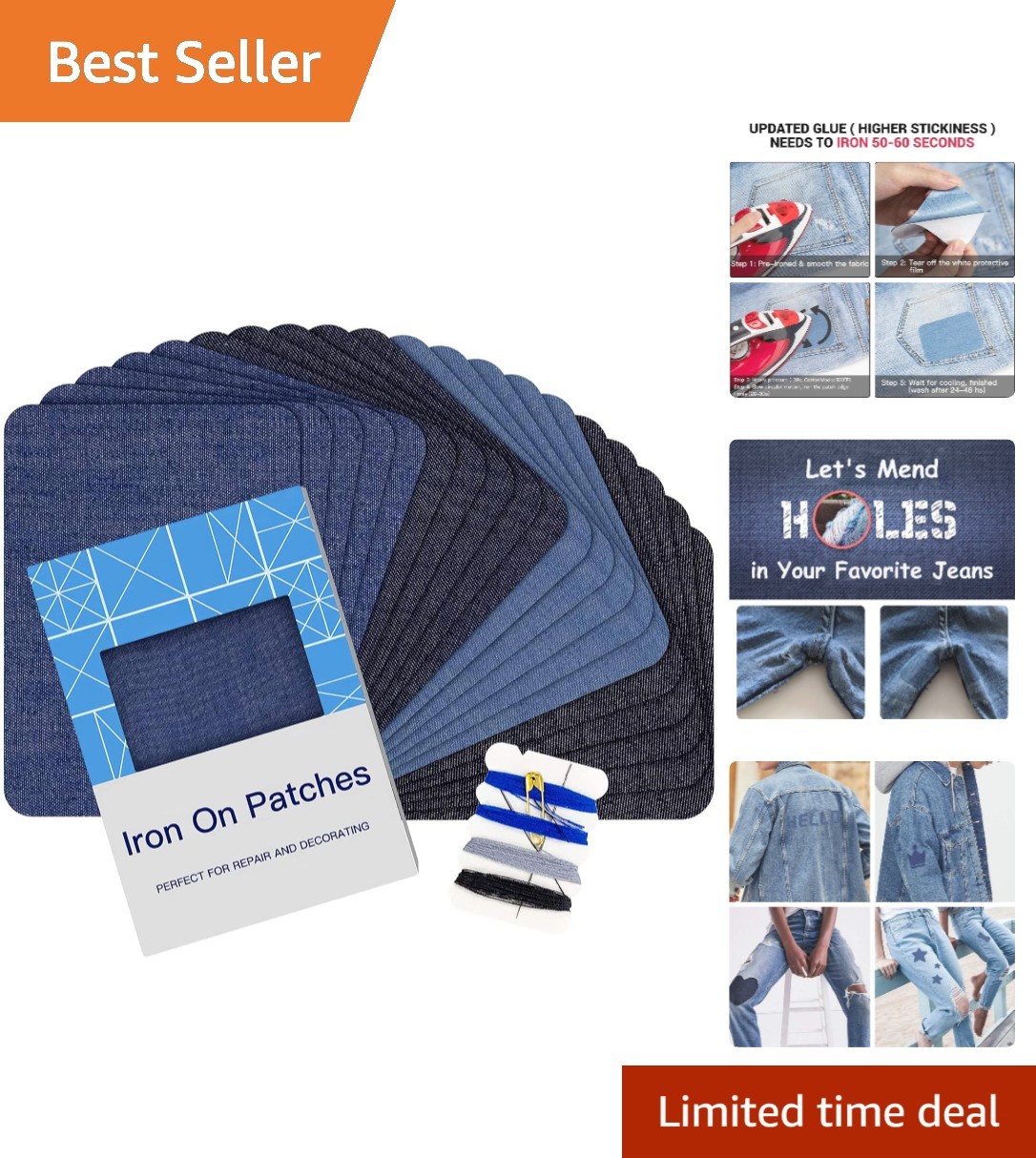 20-Pack Iron-On Denim Patches for Seamless Repairs