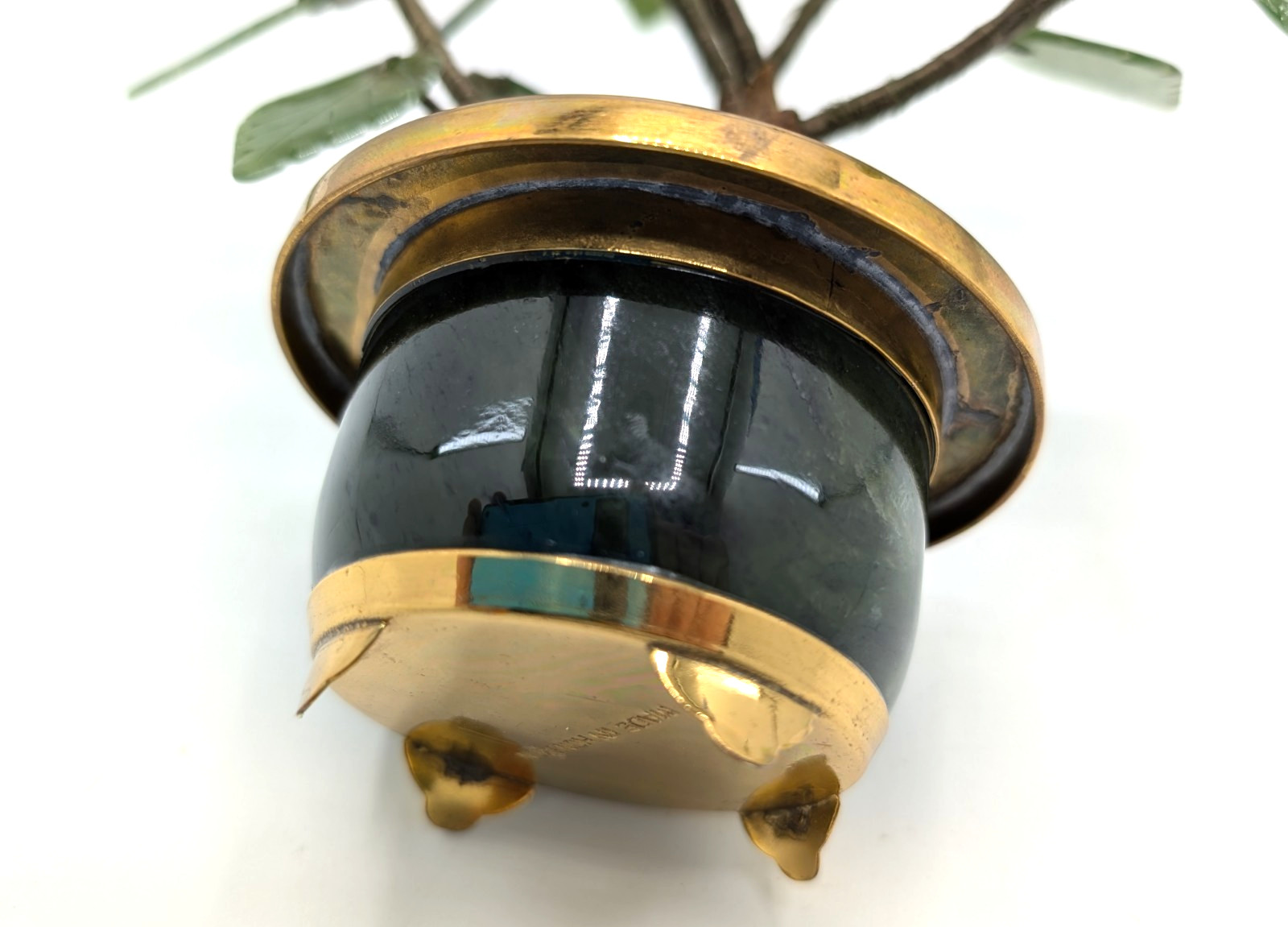 Bonsai Tree Sculpture 8 inch Semi Precious Stones Jade Brass Pot Hong Kong