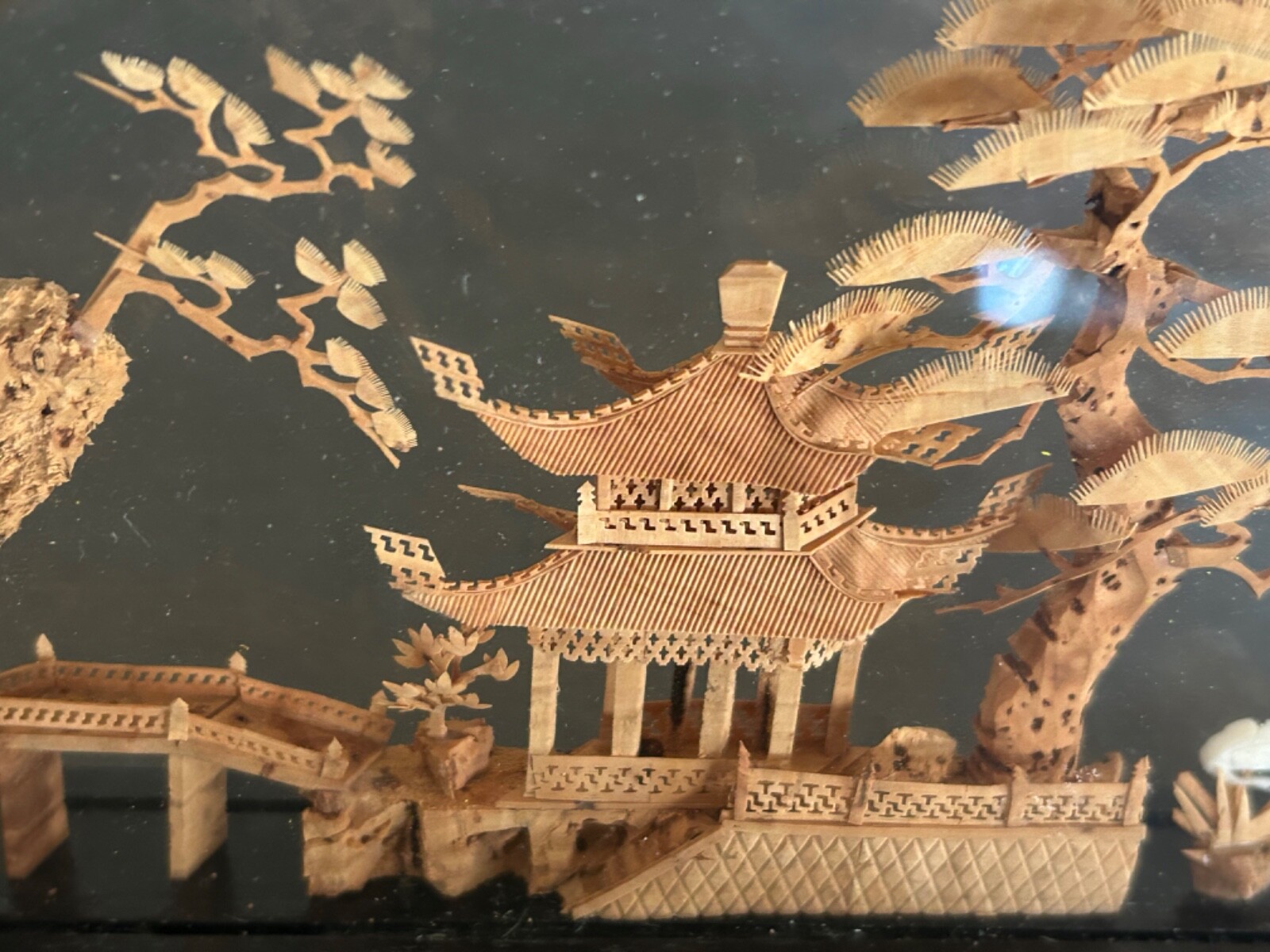 VINTAGE CHINESE SAN YOU DIORAMA CORK CARVING GLASS CASE PAGODA TREES & CRANES.