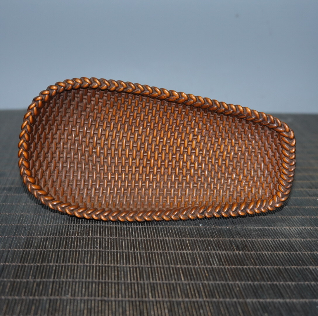 6.1″ Collect Chinese Box-wood Carving Woven Pattern Tea Shovel Statue