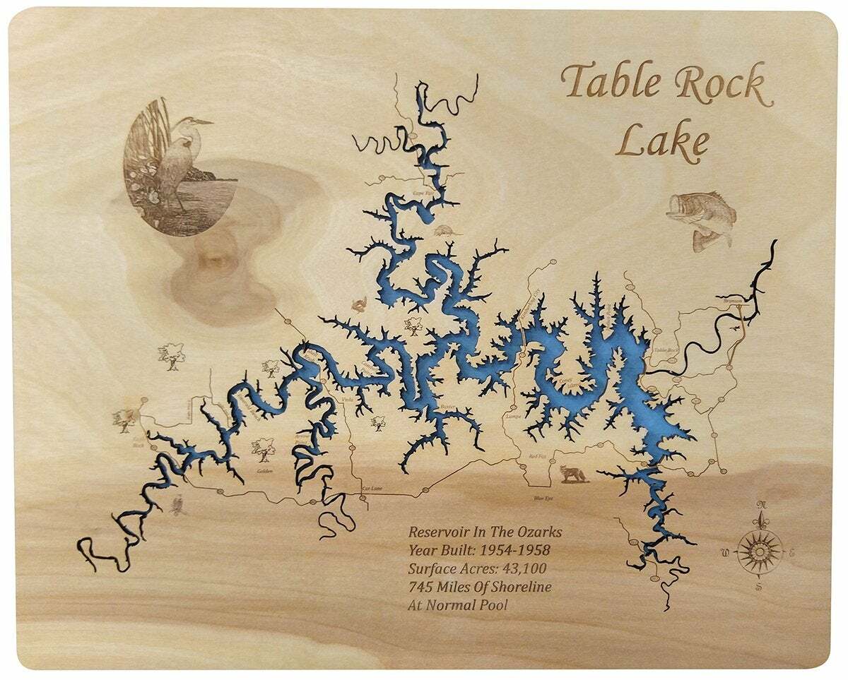 Table Rock Lake, MO – laser cut wood map | Wall Art | Made to Order