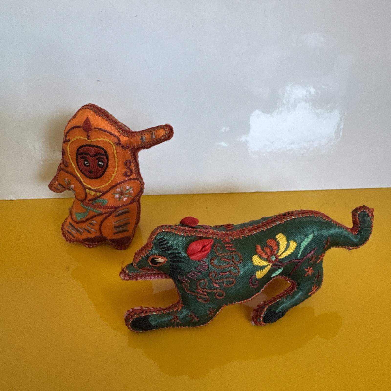 Vintage set of 2 handmade Chinese Silk Hand Embroidered Animal Figures