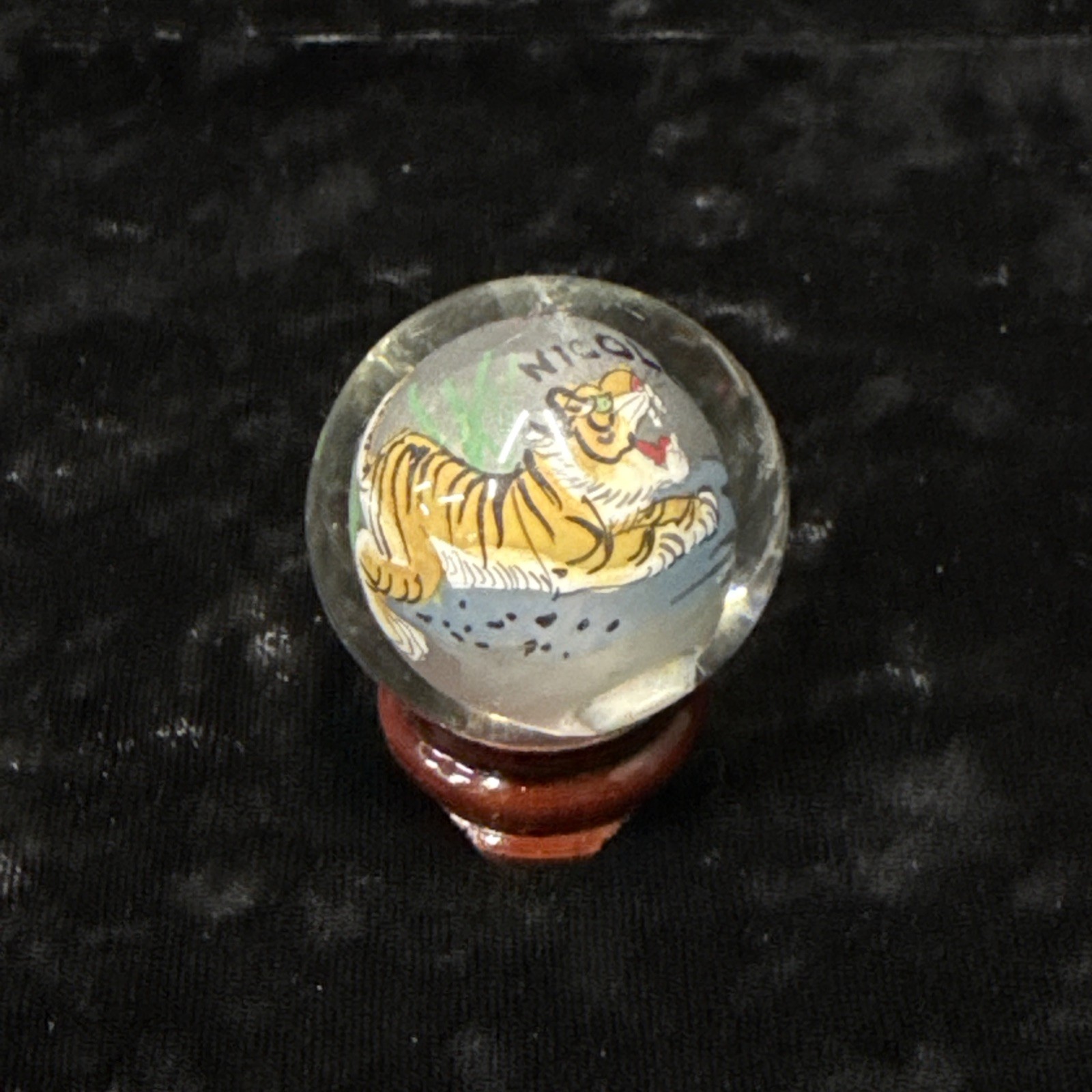 Chinese reverse painted Glass Ball Sphere Orb Tiger w/Stand 1 3/4″ x 1 1/2″