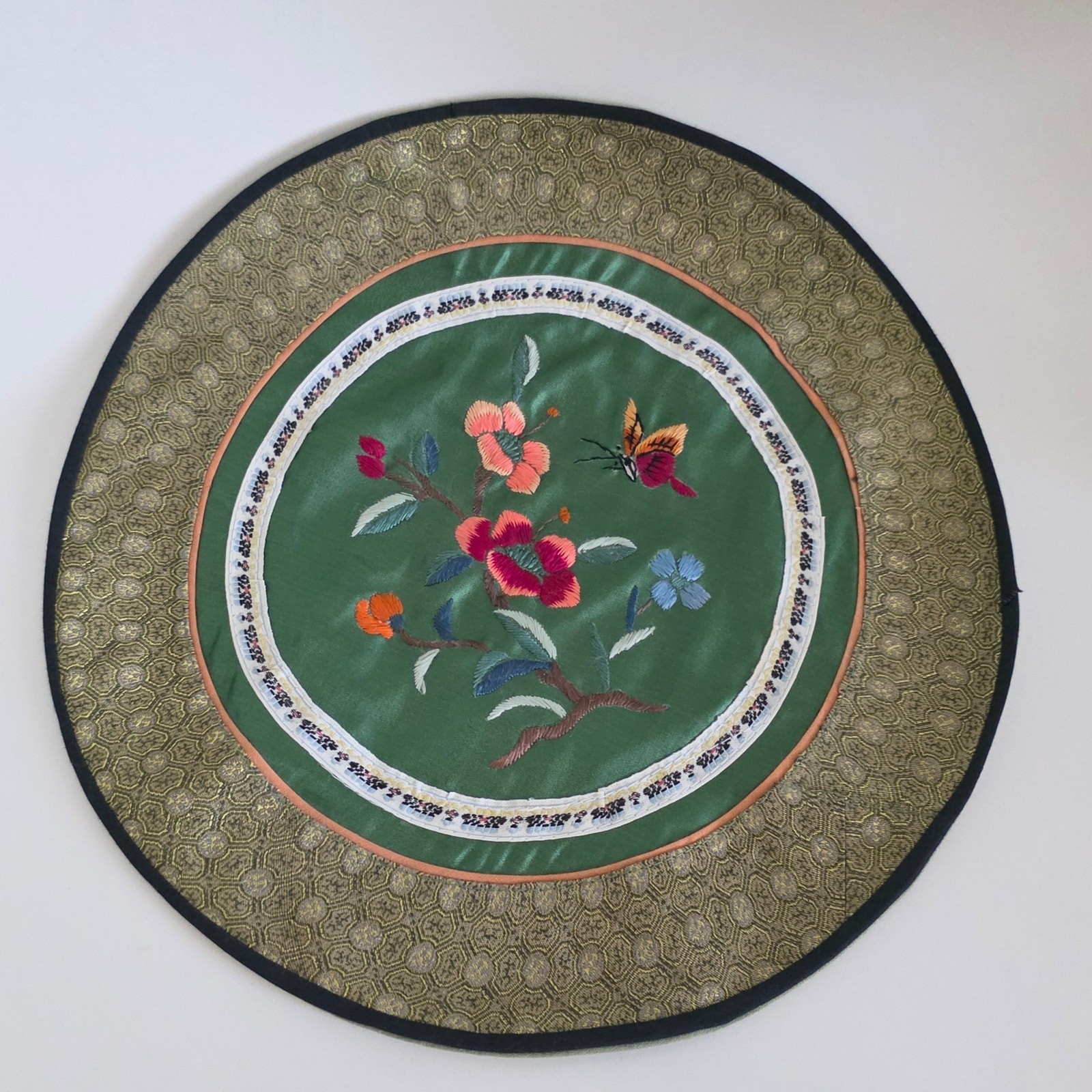 Vintage Asian Silk Embroidery Placemats Floral Bird Butterfly Multicolor Set