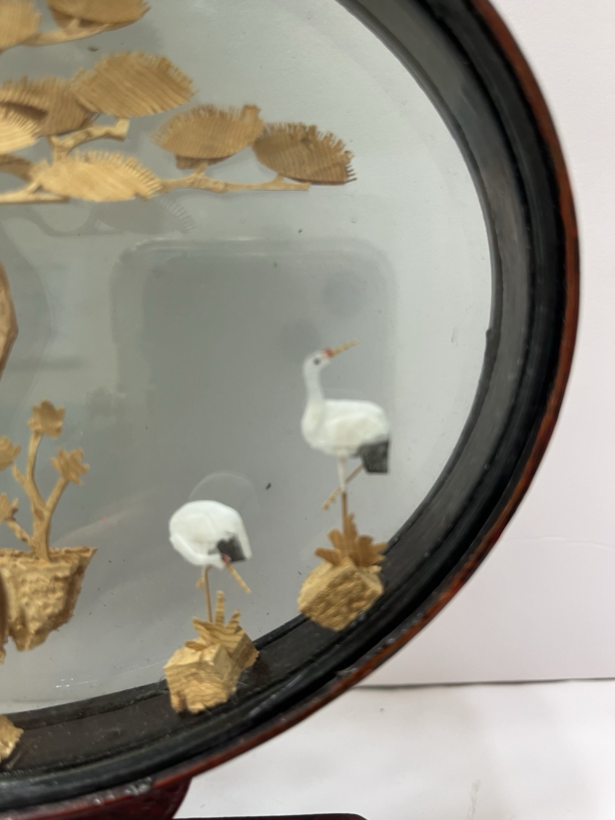 Vintage Chinese Hand Carved 3D Cork Diorama Framed Trees Pagoda Silk Crane 8×8”