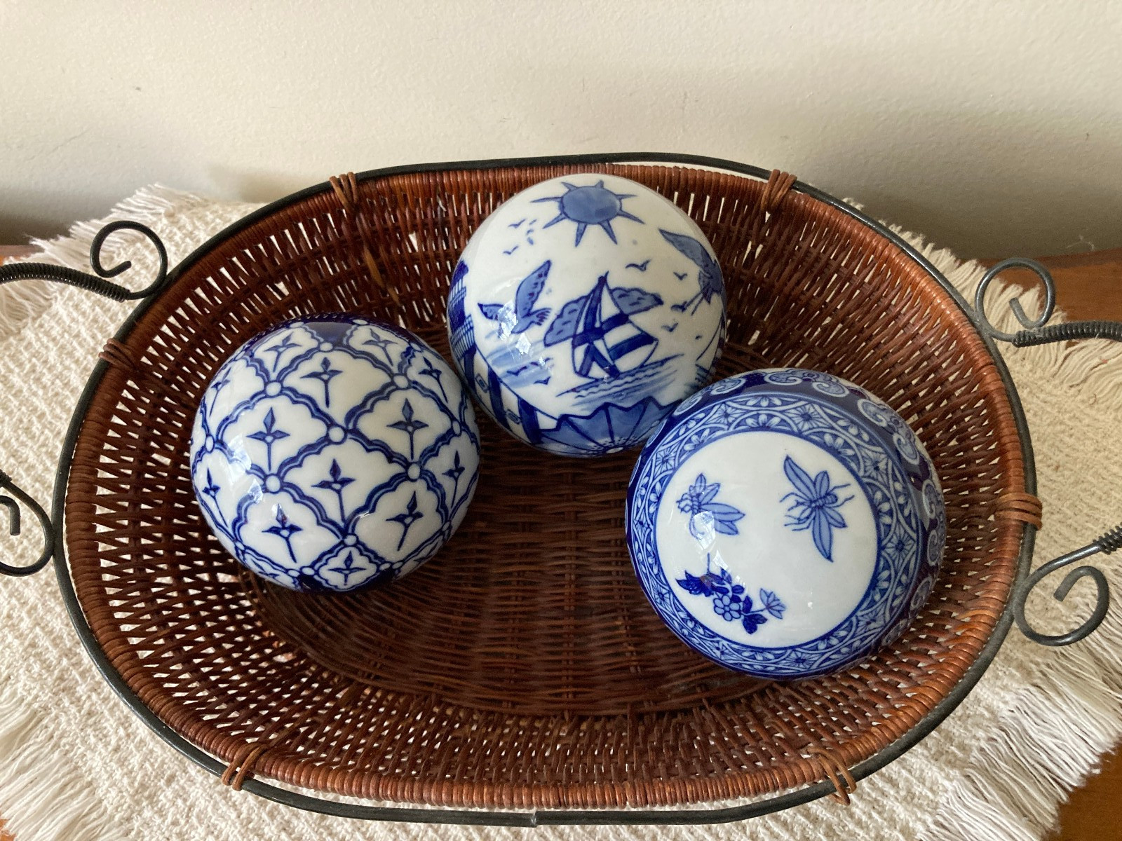 Lot~3 Cobalt Blue & White Carpet Balls 3.25-3.5″ Geometric Patterns & Lighthouse