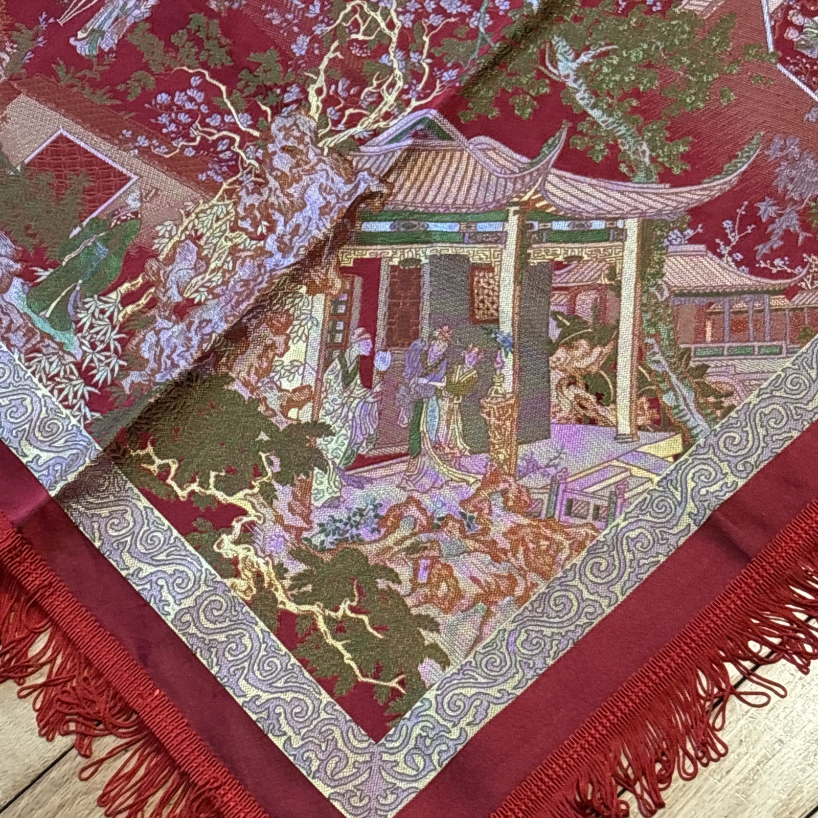 Vintage Chinese Silk Brocade Tablecloth fringe Tapestry Embroidery 38” x 37”