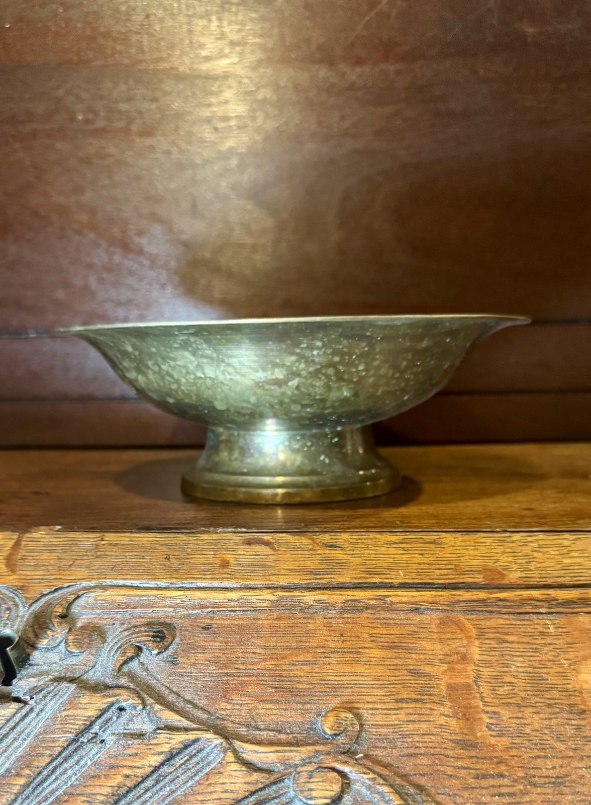 Solid Brass Bowl Engraved Pedestal Floral Compote 8 Inch Centerpiece Statement