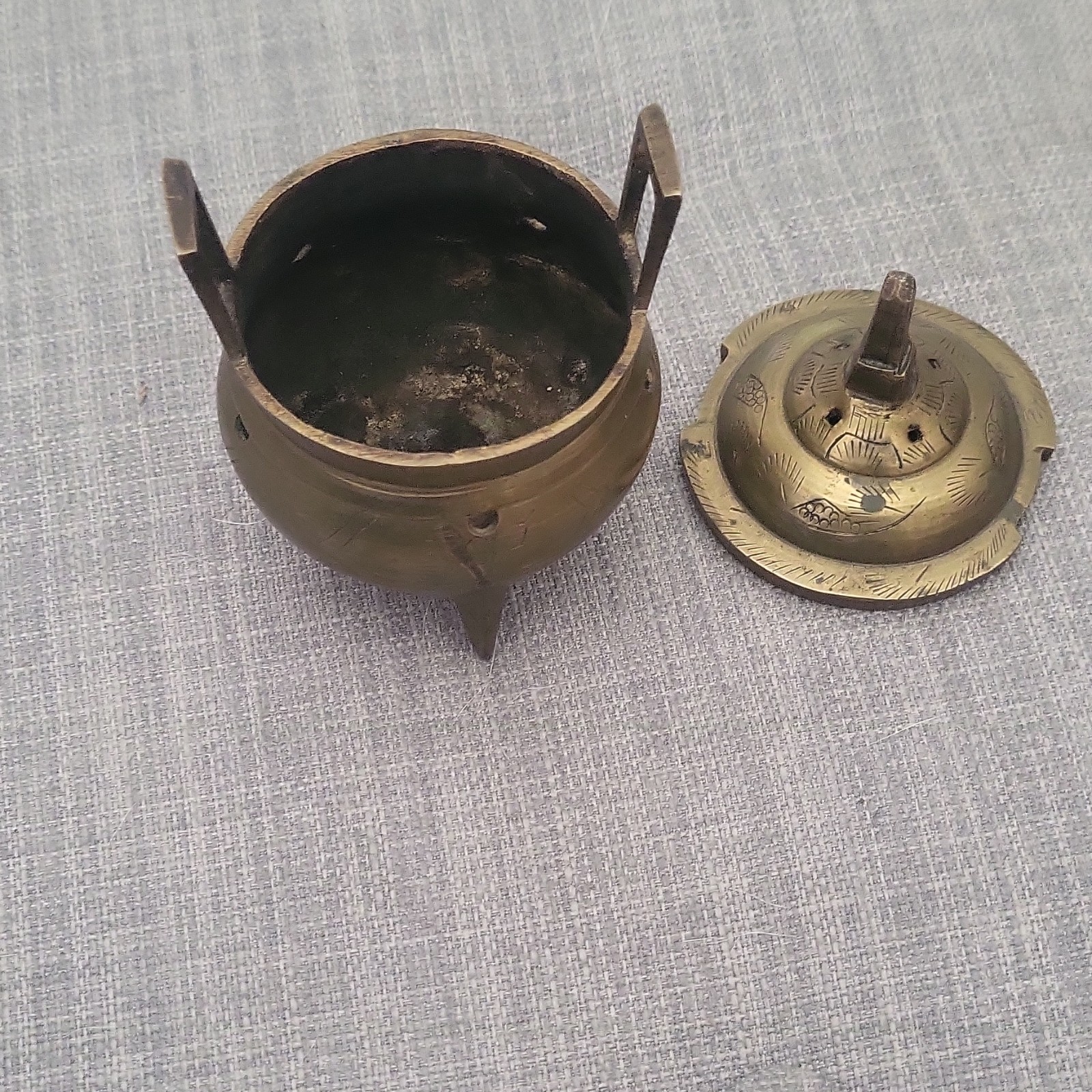 Chinese Brass Tripod Incense Burner Censer w/ Lid, Stamped “CHINA”