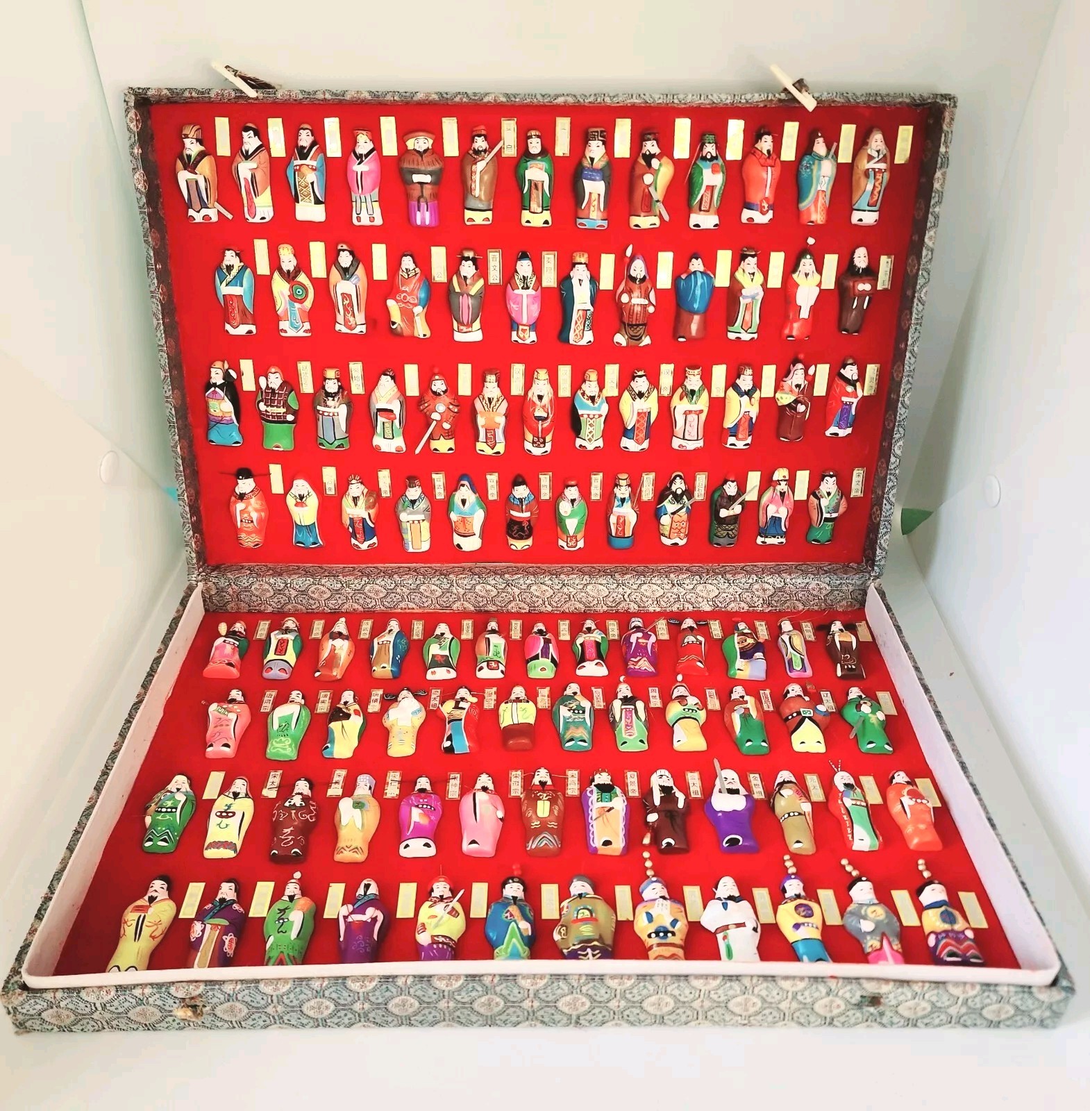 Set of 96 Chinese Emperors in 14″ x 9 ” Fabric Display Box Vintage Wood