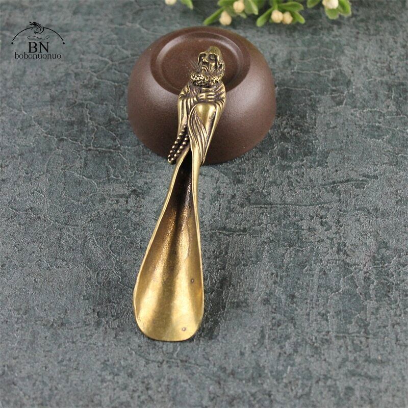Vintage Brass Copper Deer Dharma Head Tea Scoops Shovel Coffee Black Tea Spoon