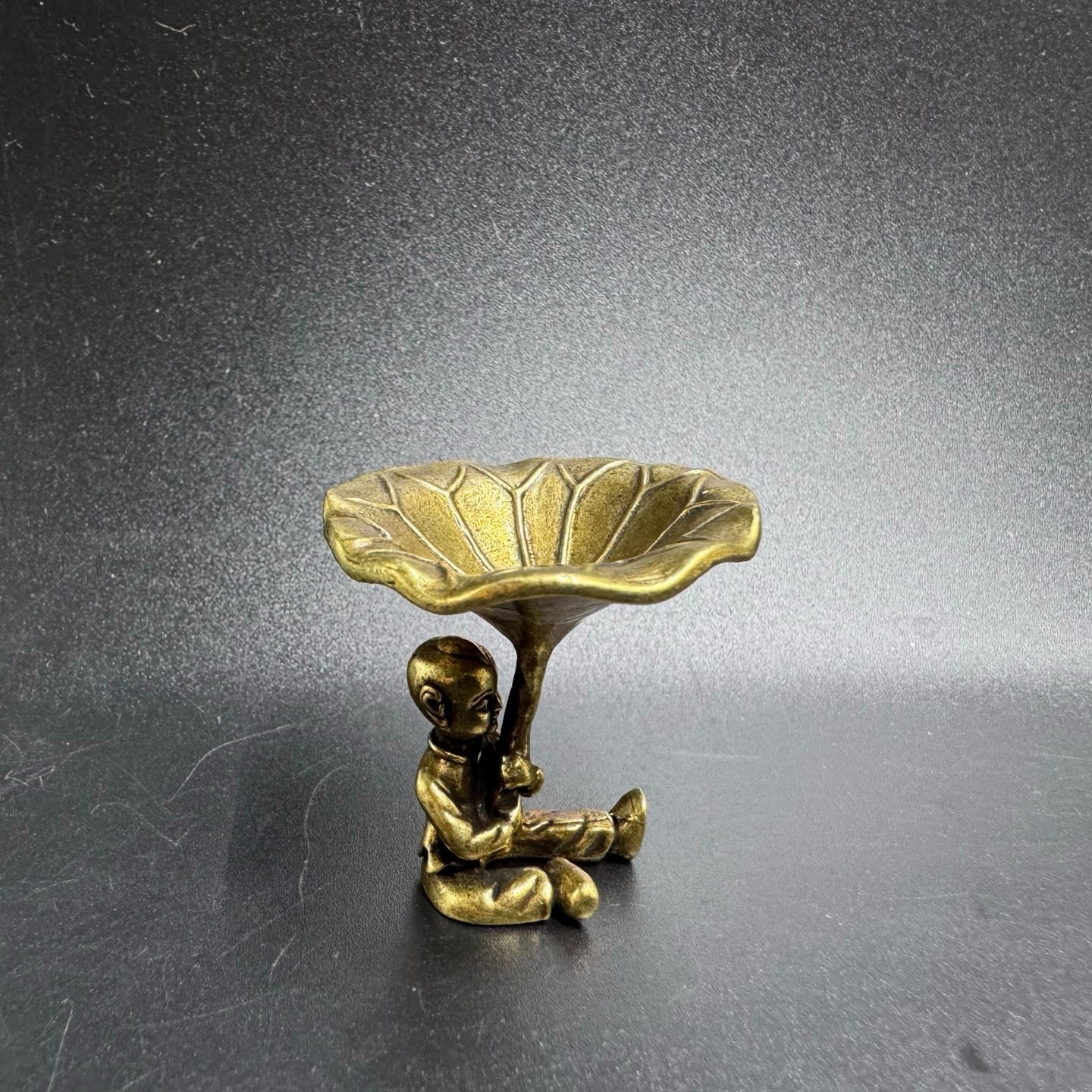 Vintage Brass Boy Holding Lotus Leaf Tray Incense Holder Tiny Jewelry Storage