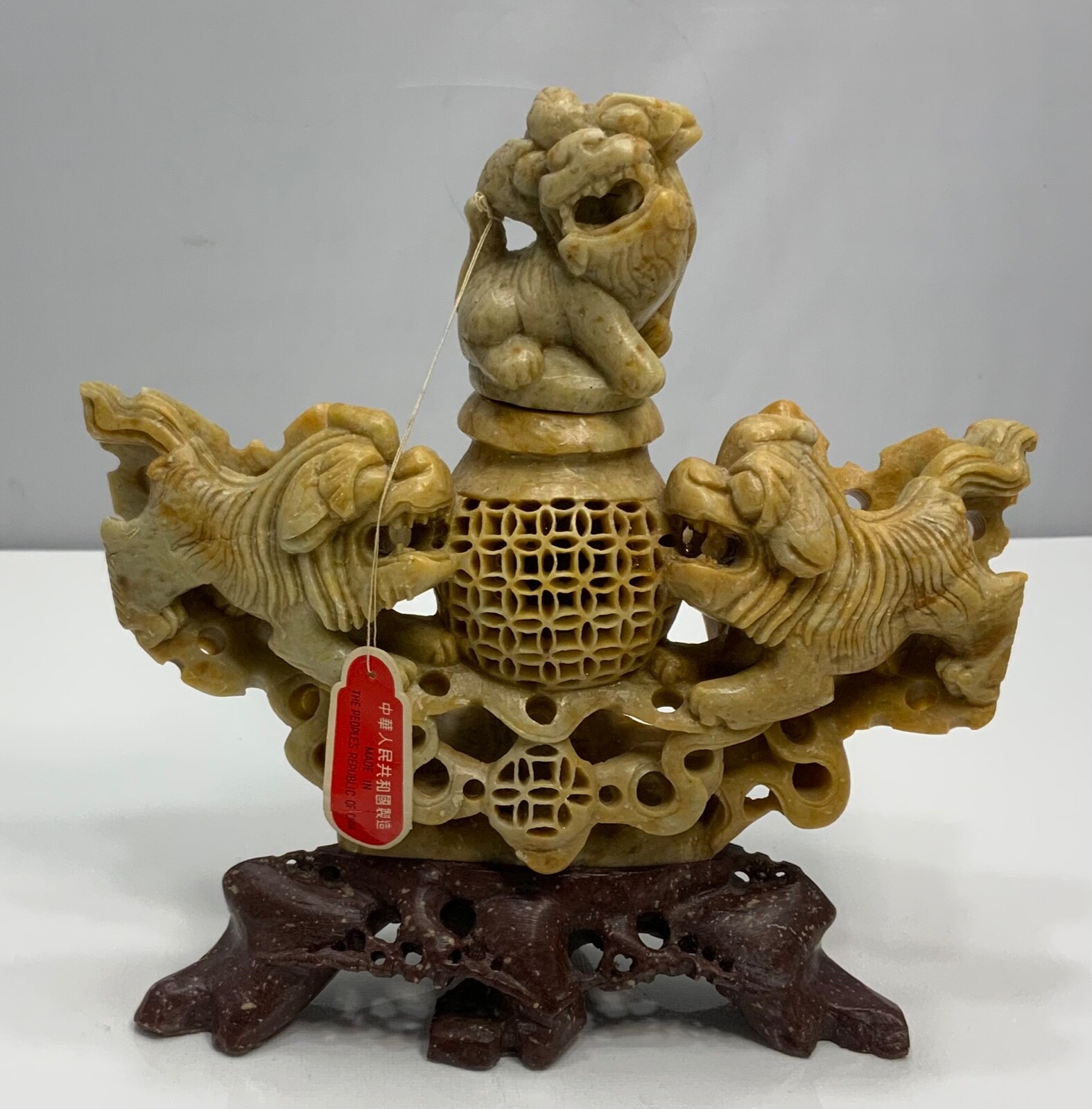 VINTAGE HAND CARVED SOAP STONE INCENSE BURNER FOO DOGS/LIONS