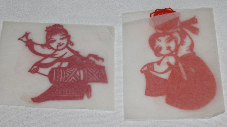 2 vintage red Chinese paper cutout woman drum dancing intricate delicate Asian