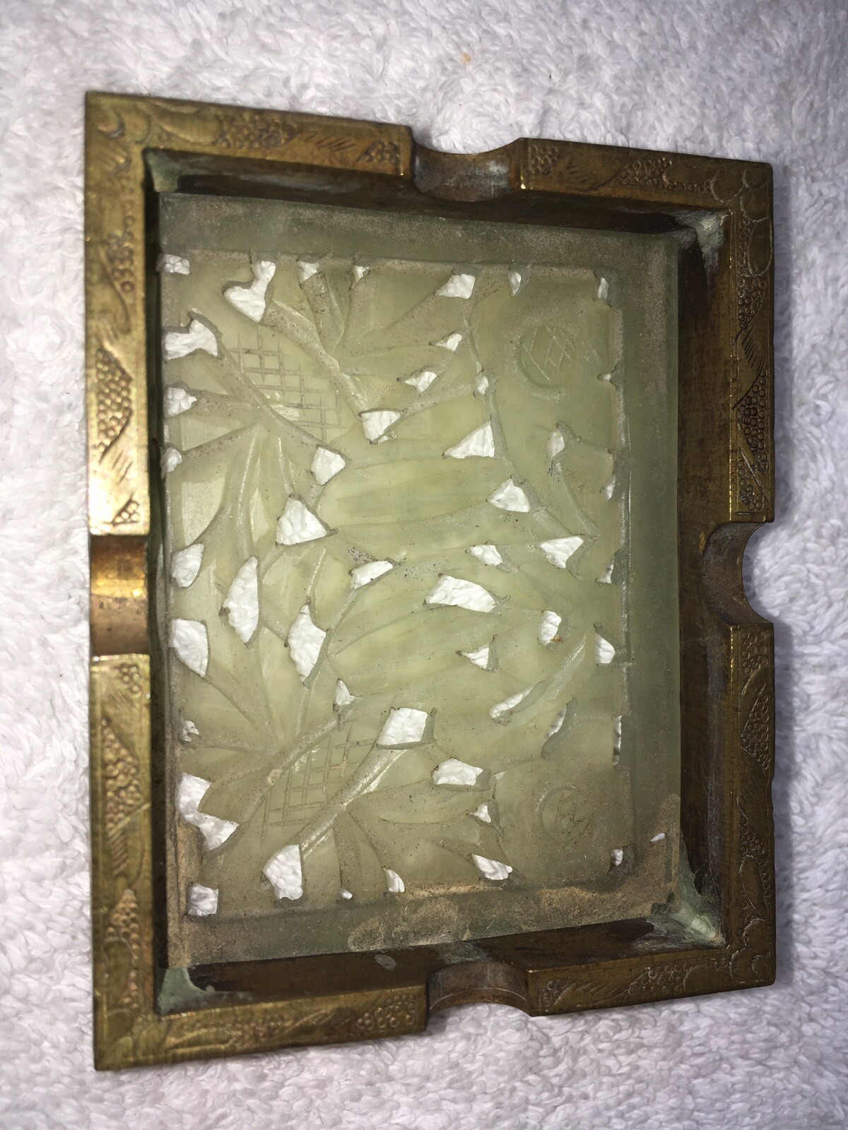 Vintage Chinese Carved Stone & Brass Ash Tray, 3” x 2-3/8” x 3/4” H