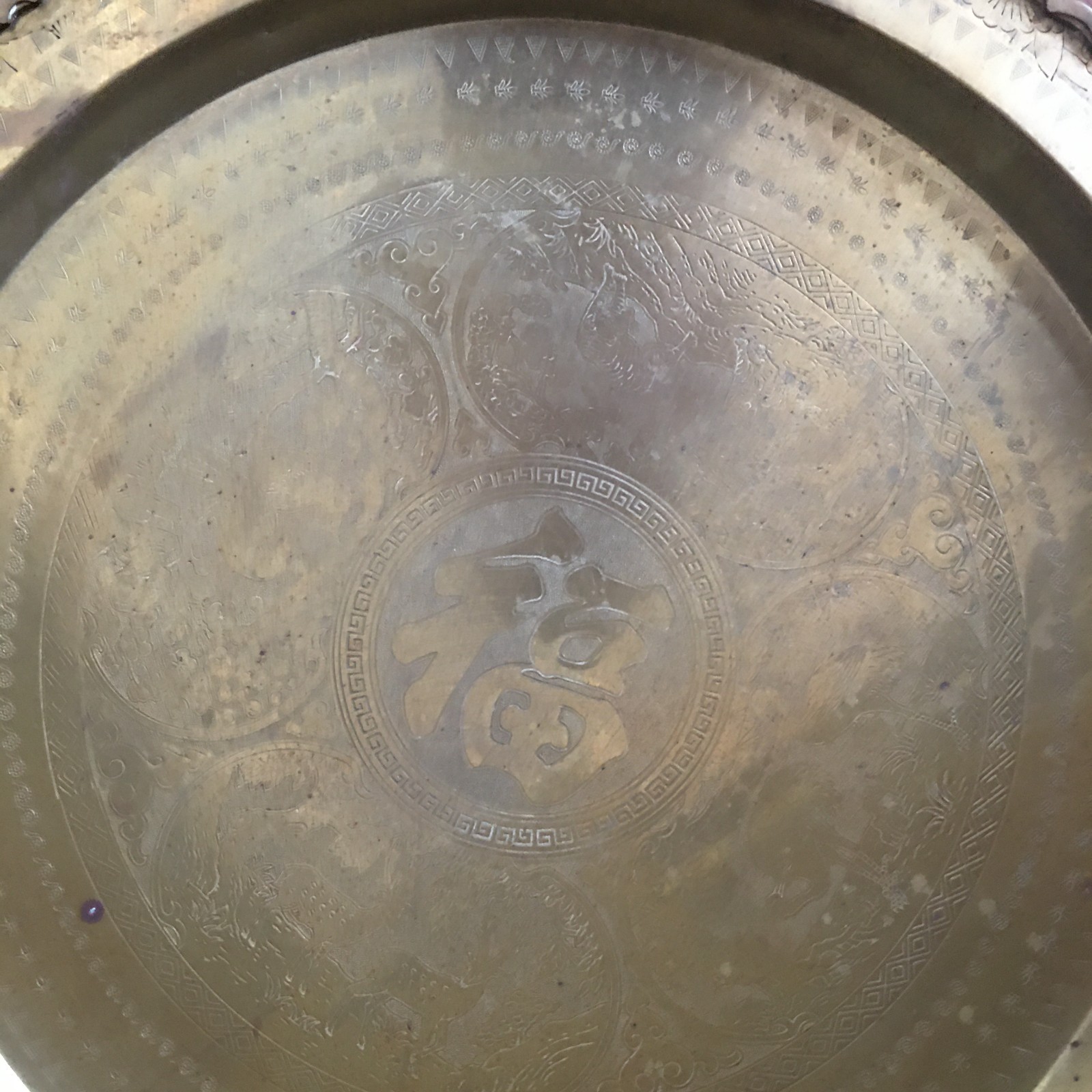 2 Vintage Chinese Heavy Tooled Motif Round Brass Tray 24″ w/ Raised Riveted edge