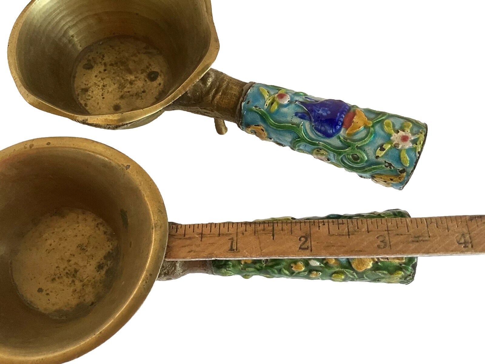 2 Different Vintage Cast Brass & Enamel Chinese Silk Iron Irons