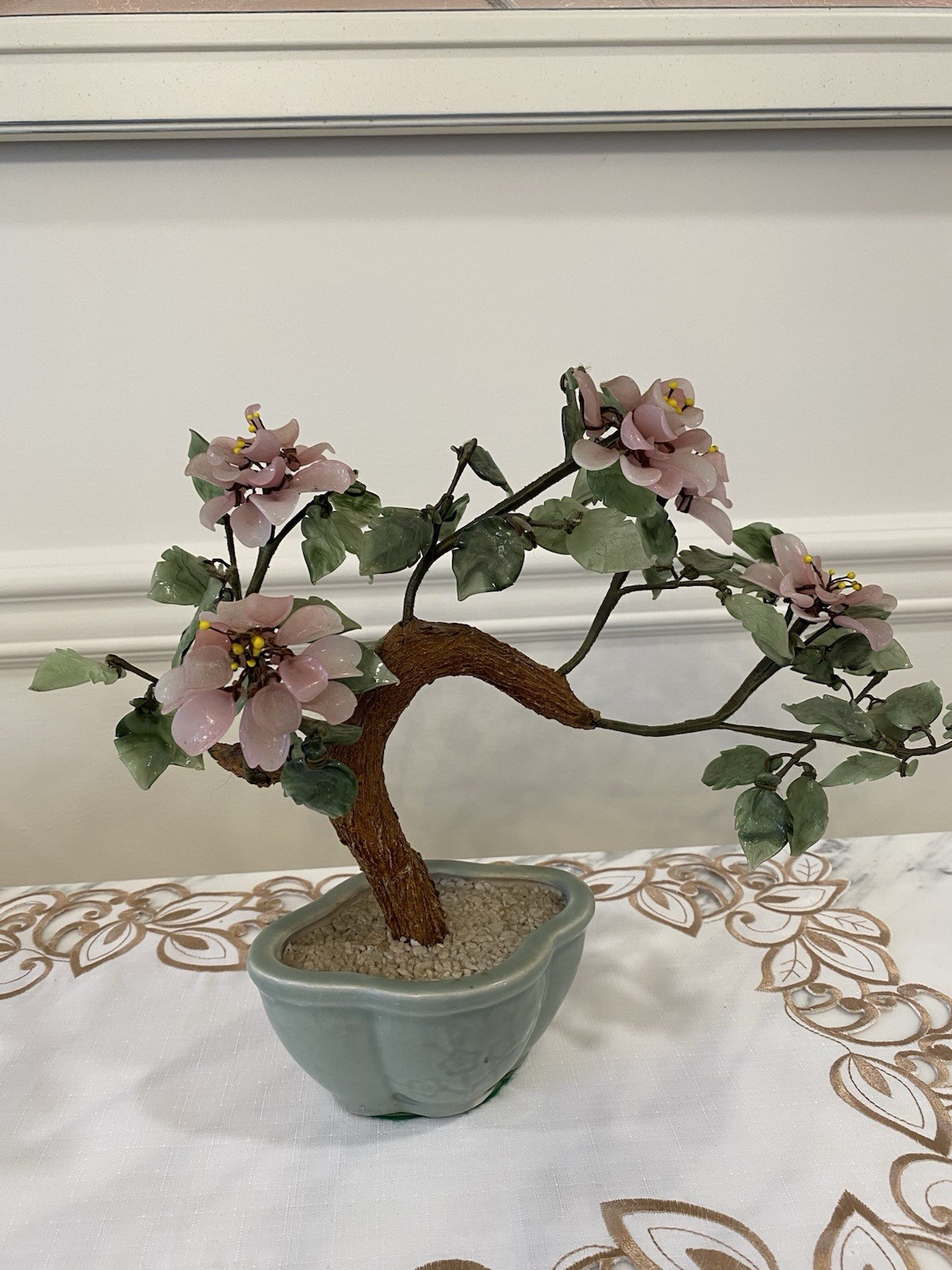 Vintage Japan Art Glass Jade Bonsai Tree with pale pink flowers 9.5” H x 11”W.