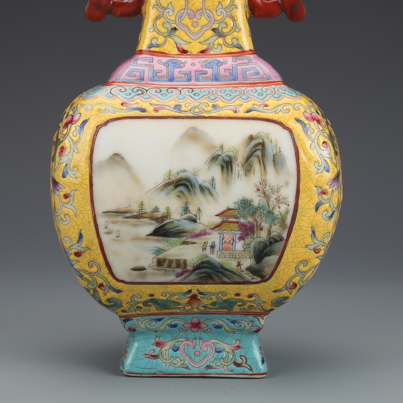 8.8″ China Colour Enamels Porcelain Yellow Glaze Hill Water Scenery Two Ear Vase