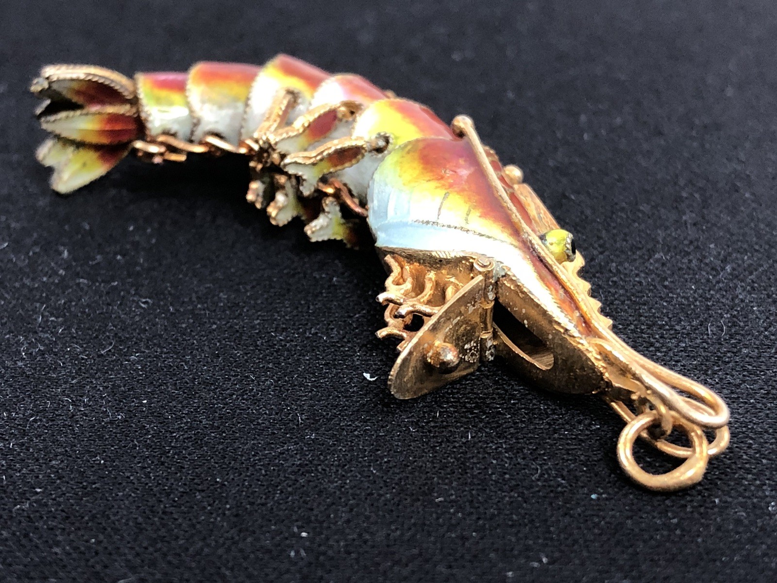 Vintage 1920’s-30’s Chinese Export Articulated Enamel & Silver Shrimp Pendant