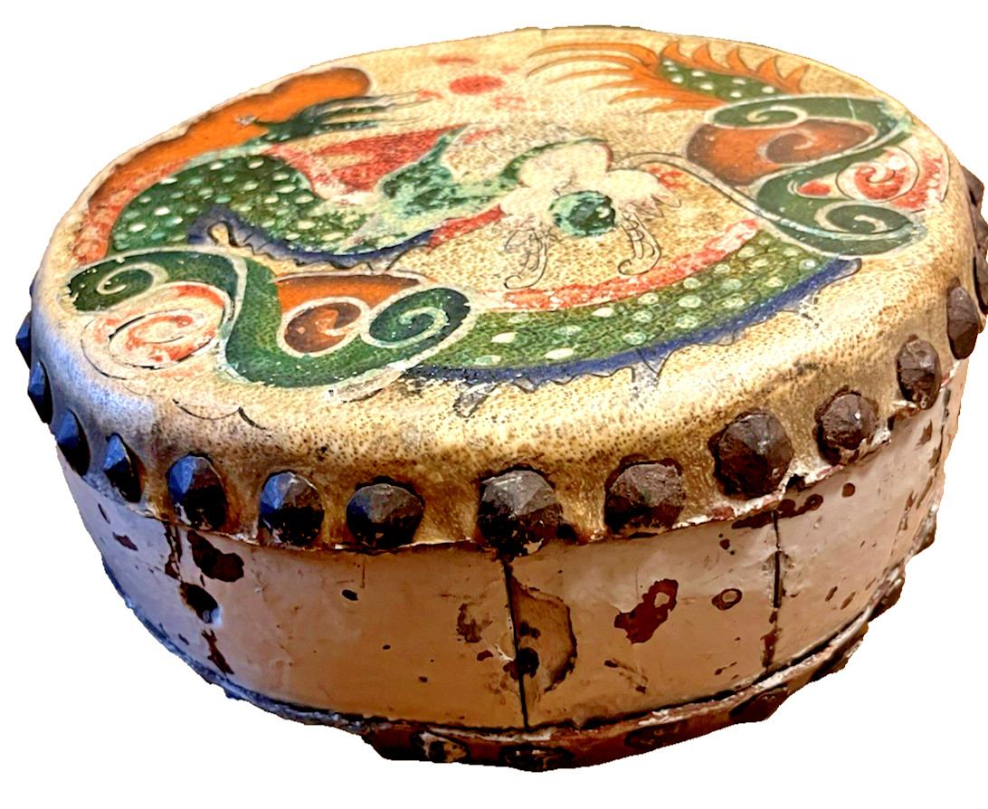 Asian Drum Hand Painted Dragon Double Sided Leather Head. 11.5” Vintage