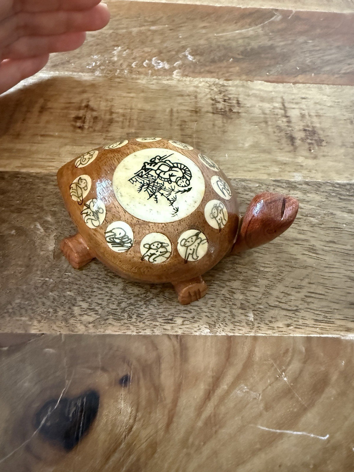 Vtg Asian Carved Wooden Turtle, Opens with Compass and Zodiac Signs