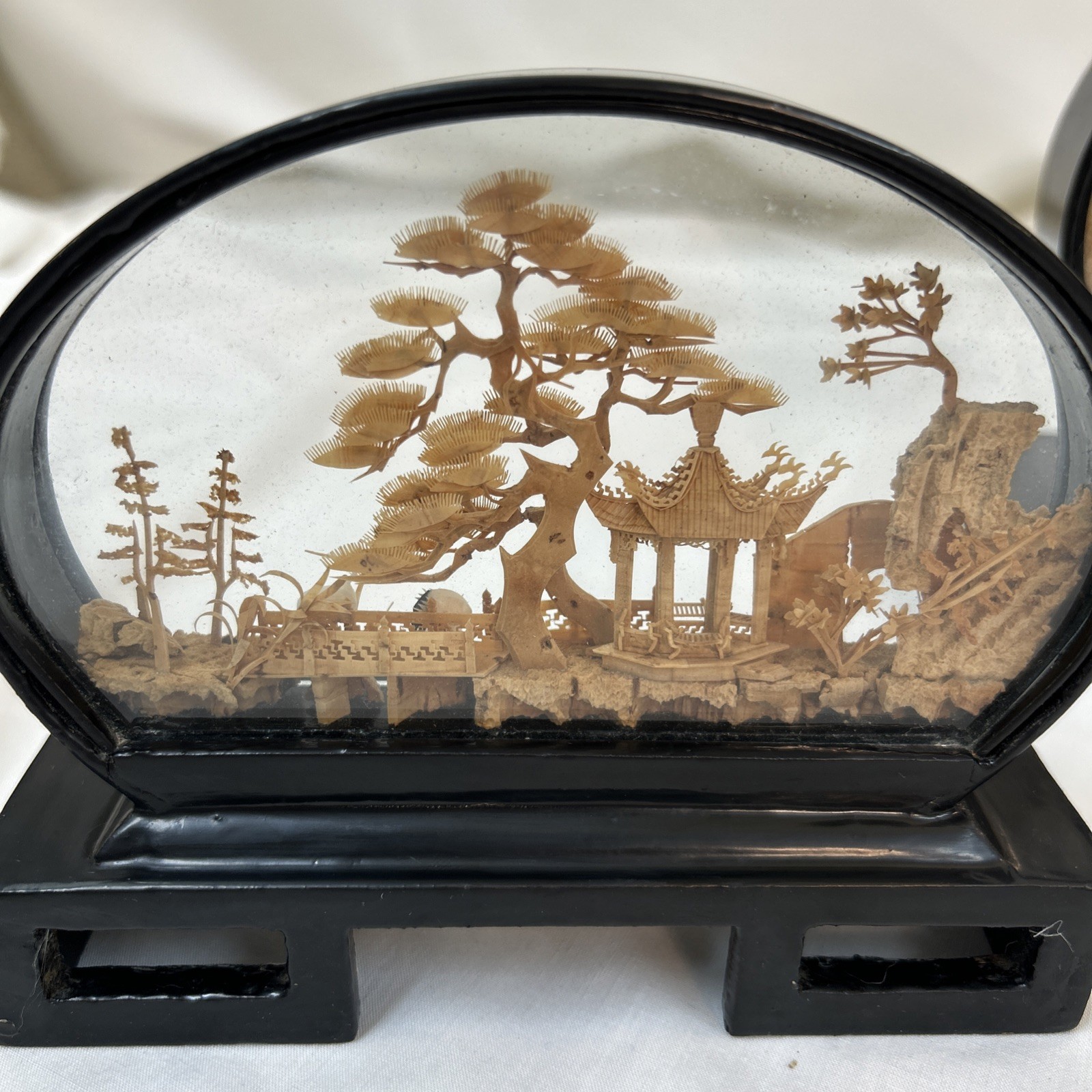 Set Of Vtg Oval Chinese Cork Art Hand Carved Diorama Pagoda Cranes Trees Cliff