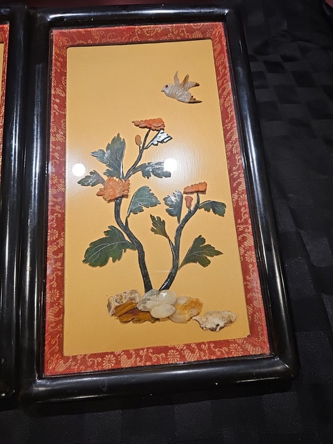 Vintage Chinese Pair of Jade Floral Plaques Wall Hanging Butterfly And Bird